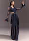 Navy Blue Satin Pleated Saree With Full Sleeve V Neck Blouse
