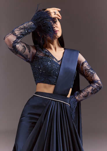 Navy Blue Satin Pleated Saree With Full Sleeve V Neck Blouse