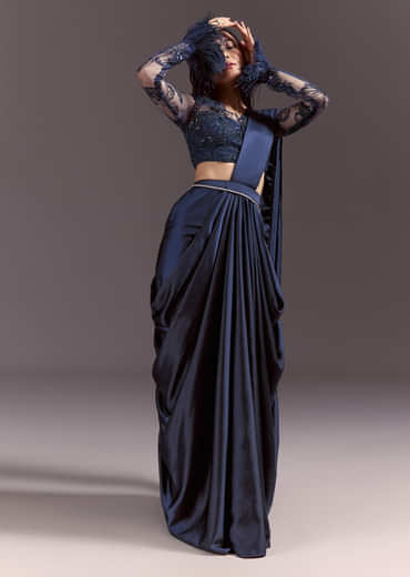 Navy Blue Satin Pleated Saree With Full Sleeve V Neck Blouse