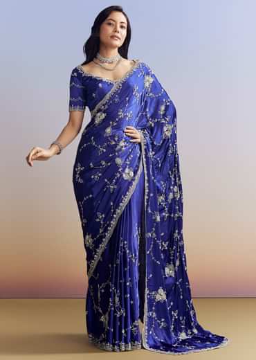 Navy Blue Satin Saree With All Over Floral Jaal Embroidery