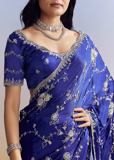 Navy Blue Satin Saree With All Over Floral Jaal Embroidery