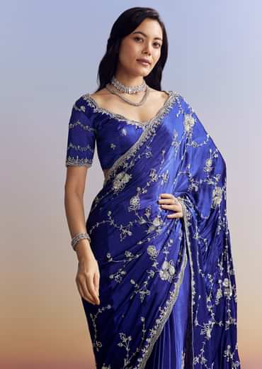 Navy Blue Satin Saree With All Over Floral Jaal Embroidery