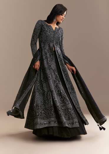 Navy Blue Sequined High Slit Kurta Lehenga Set