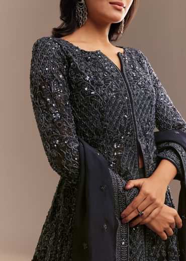 Navy Blue Sequined High Slit Kurta Lehenga Set