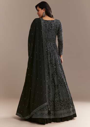 Navy Blue Sequined High Slit Kurta Lehenga Set