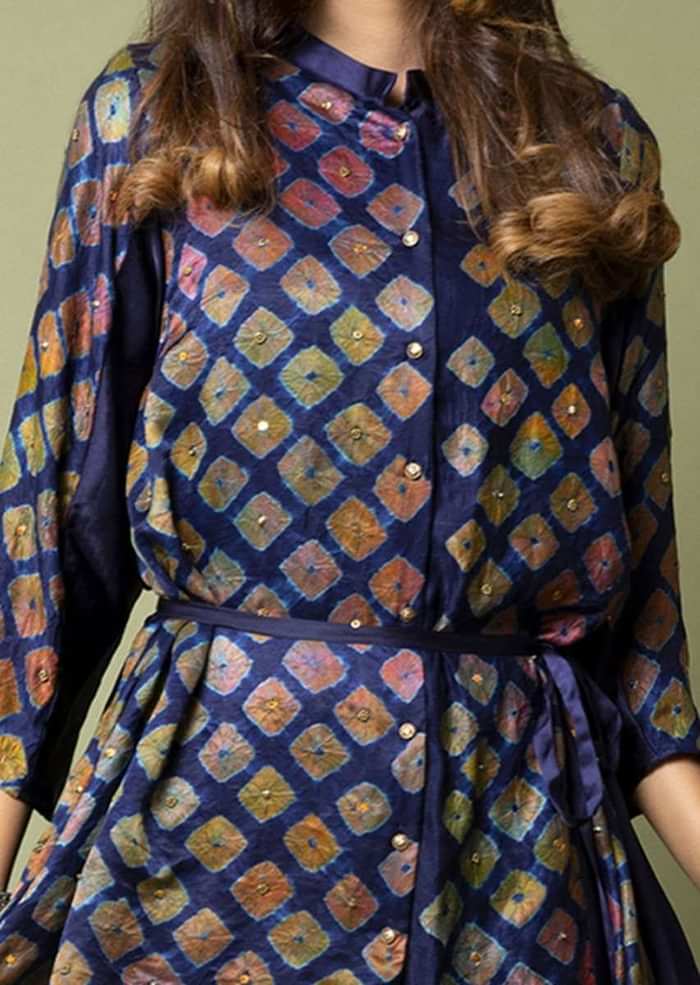 Navy Blue Shirt With Watercolor Bandhani And Hand Embroidery Paired With Twilight Shaded Cowl Pants Online - Kalki Fashion
