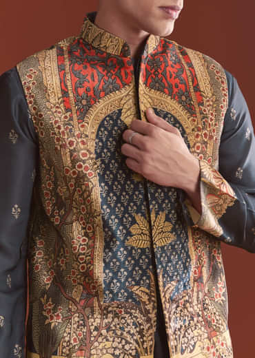 Navy Blue Silk Kurta Jacket Set For Men With Ethnic Print