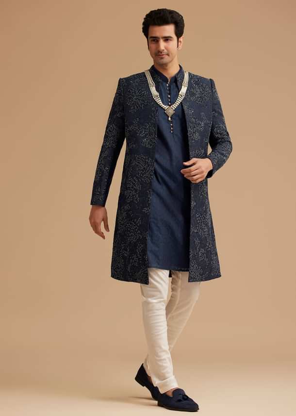 Navy Blue Silk Open Sherwani With Zardosi Embroidery Navy Blue Silk Open Sherwani With Zardosi Embroidery