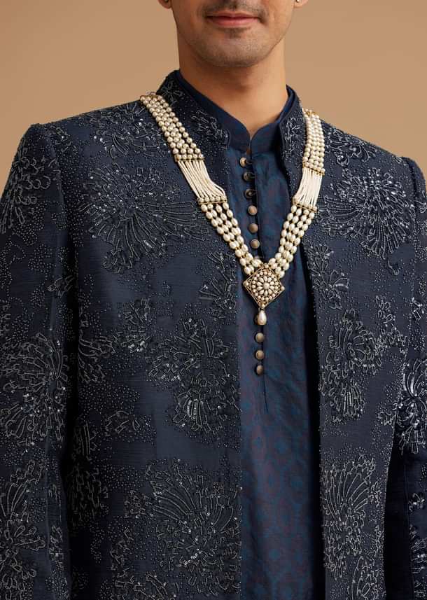Navy Blue Silk Open Sherwani With Zardosi Embroidery Navy Blue Silk Open Sherwani With Zardosi Embroidery