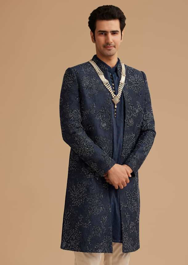 Navy Blue Silk Open Sherwani With Zardosi Embroidery Navy Blue Silk Open Sherwani With Zardosi Embroidery