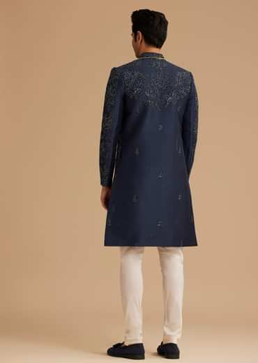 Navy Blue Silk Open Sherwani With Zardosi Embroidery