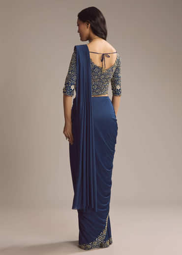 Navy Blue Silk Ready Pleated Saree With Cutdana Work