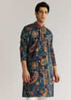 Navy Blue Silk Resham Embroidered Kurta Set With Paisley Prints