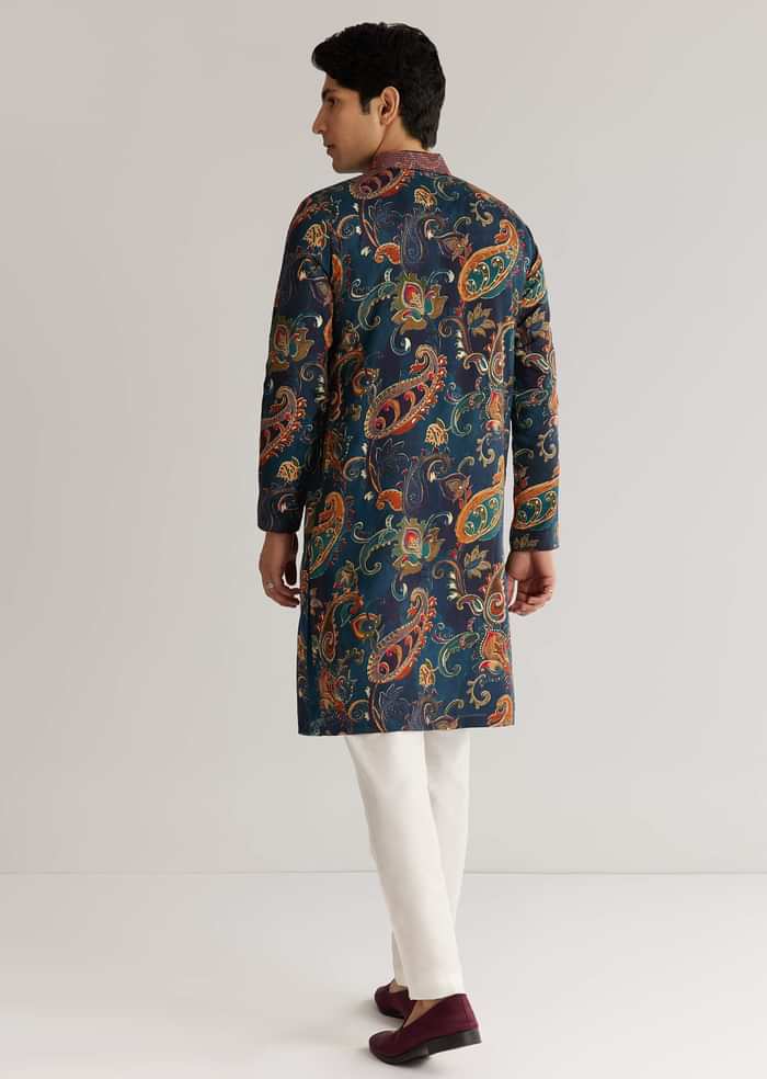 Navy Blue Silk Resham Embroidered Kurta Set With Paisley Prints