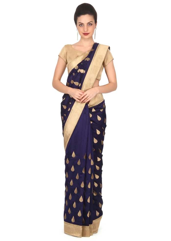 Navy blue silk saree with weave embroidery only on Kalki