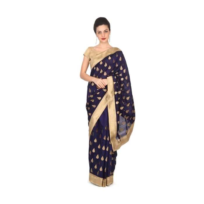 Navy blue silk saree with weave embroidery only on Kalki