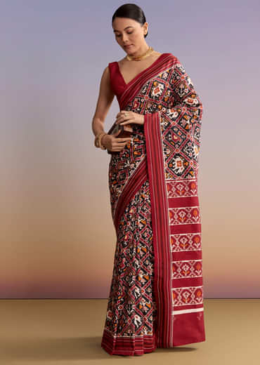 Navy Blue Silk Single Ikkat Handwoven Patola Saree With Animal Motifs