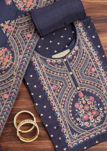 Navy Blue Tissue Unstitched Suit Set With Resham And Zari Embroidery