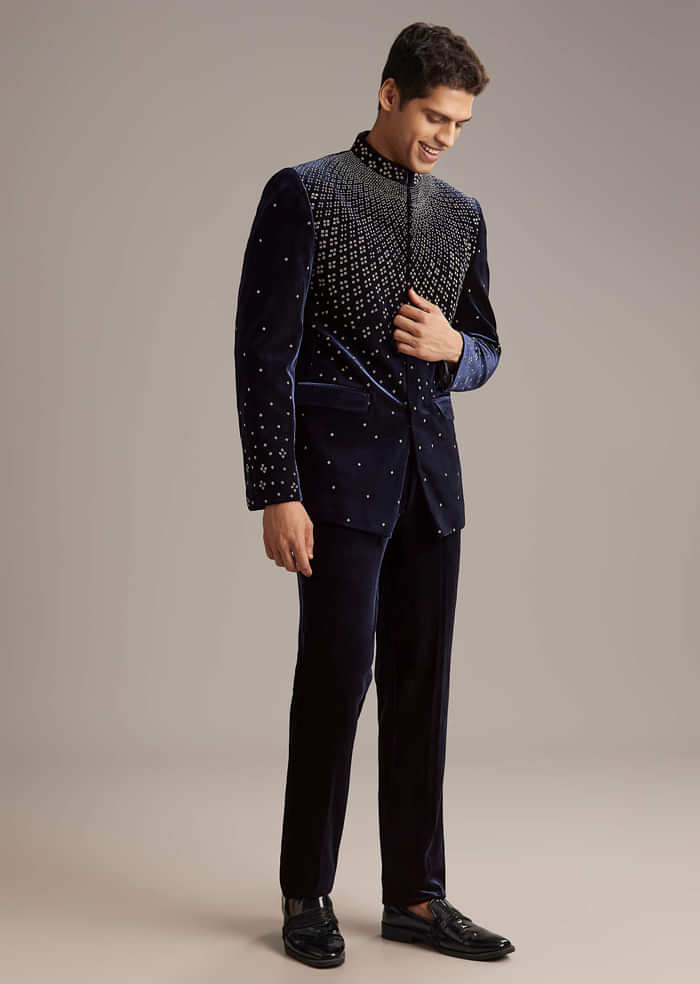 Navy Blue Velvet Jodhpuri Suit For Men With Beads Work