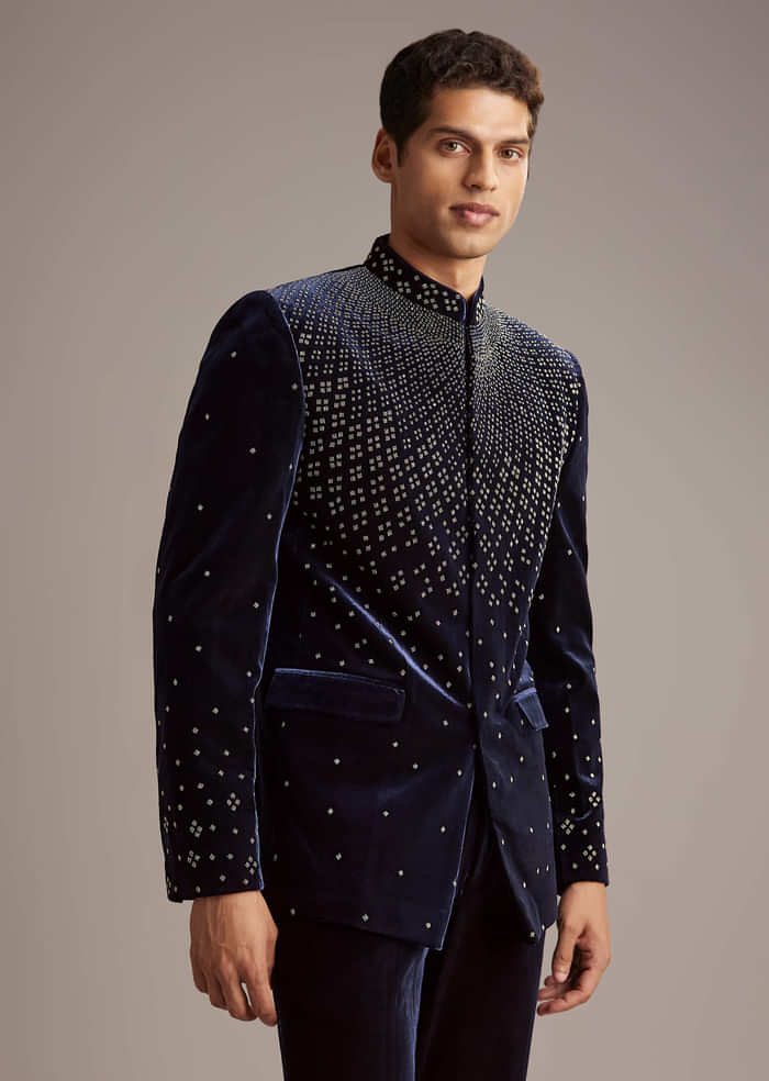 Navy Blue Velvet Jodhpuri Suit For Men With Beads Work