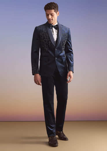 Navy Blue Velvet Tuxedo For Men With Hand Embroidery