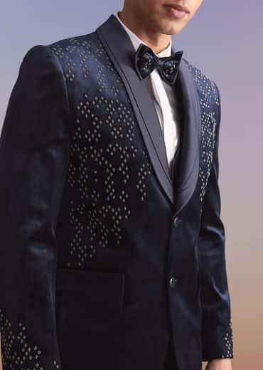 Navy Blue Velvet Tuxedo For Men With Hand Embroidery