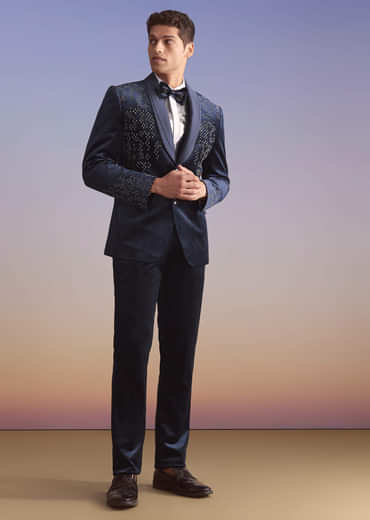 Navy Blue Velvet Tuxedo For Men With Hand Embroidery
