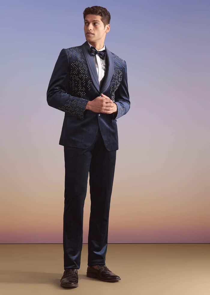 Navy Blue Velvet Tuxedo For Men With Hand Embroidery