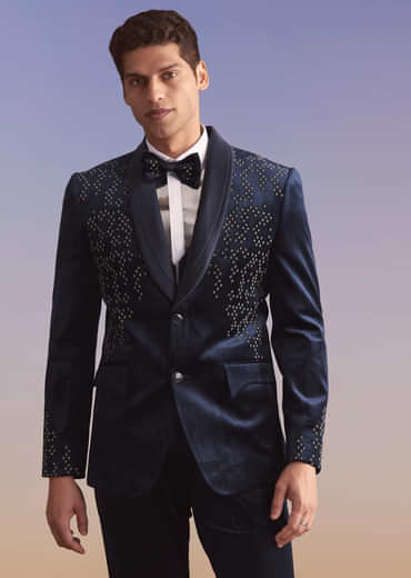 Navy Blue Velvet Tuxedo For Men With Hand Embroidery