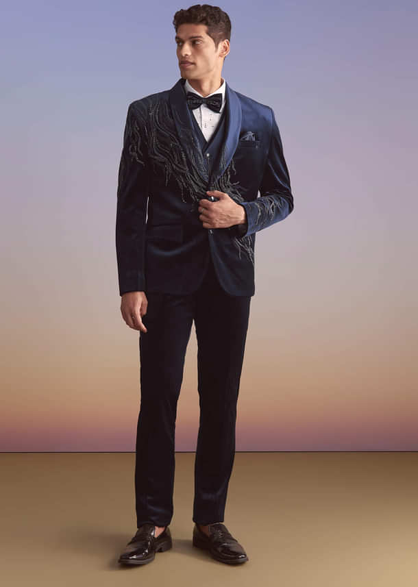 Navy Blue Velvet Tuxedo For Men With Intricate Hand Work Navy Blue Velvet Tuxedo For Men With Intricate Hand Work