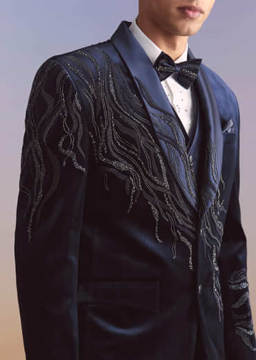 Navy Blue Velvet Tuxedo For Men With Intricate Hand Work