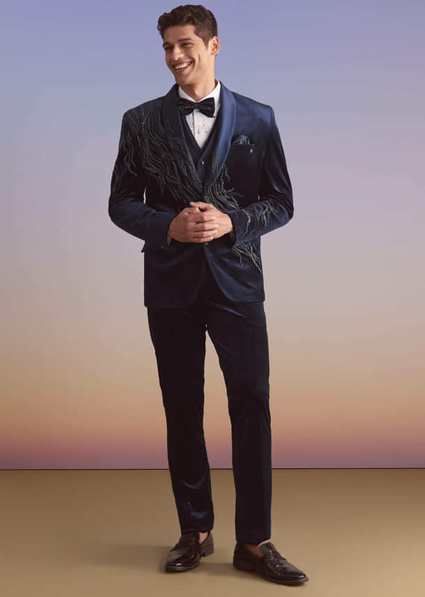Navy Blue Velvet Tuxedo For Men With Intricate Hand Work Navy Blue Velvet Tuxedo For Men With Intricate Hand Work