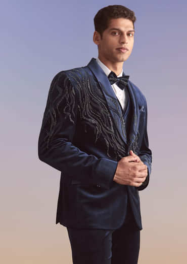 Navy Blue Velvet Tuxedo For Men With Intricate Hand Work