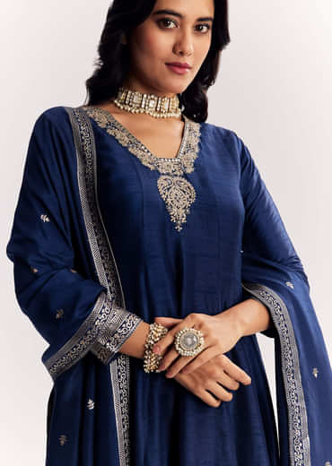 Navy Blue Weave Silk Anarkali Suit With Dupatta