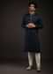 Navy Blue Kurta Set In Satin Silk With 3D Printed Buttis