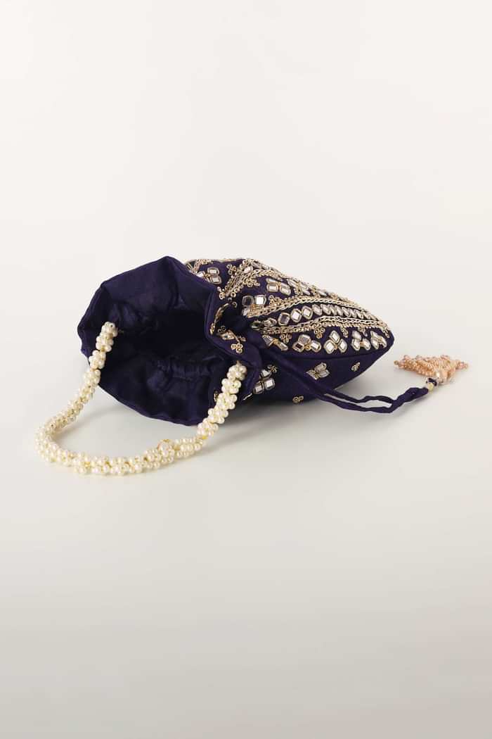 Navy Blue Mirror Work Silk Potli Pearl Handle