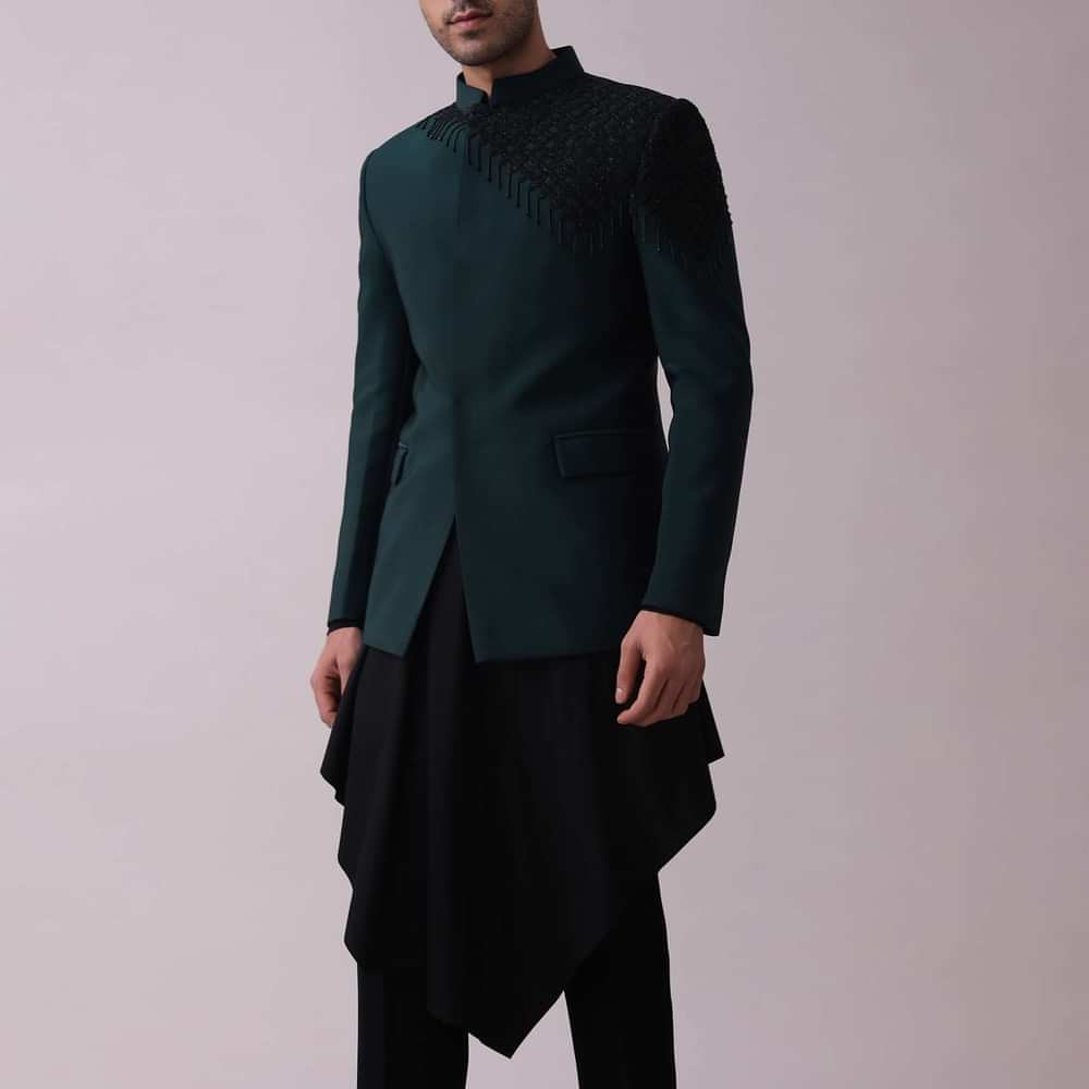 Navy Blue Achkan Kurta Set In Suiting With Cut Dana Embroidery