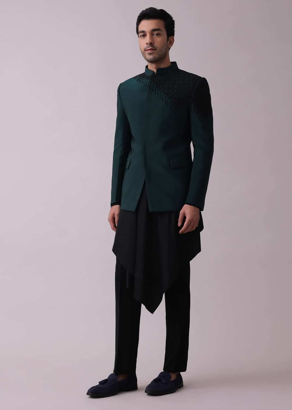 Navy Blue Achkan Kurta Set In Suiting With Cut Dana Embroidery