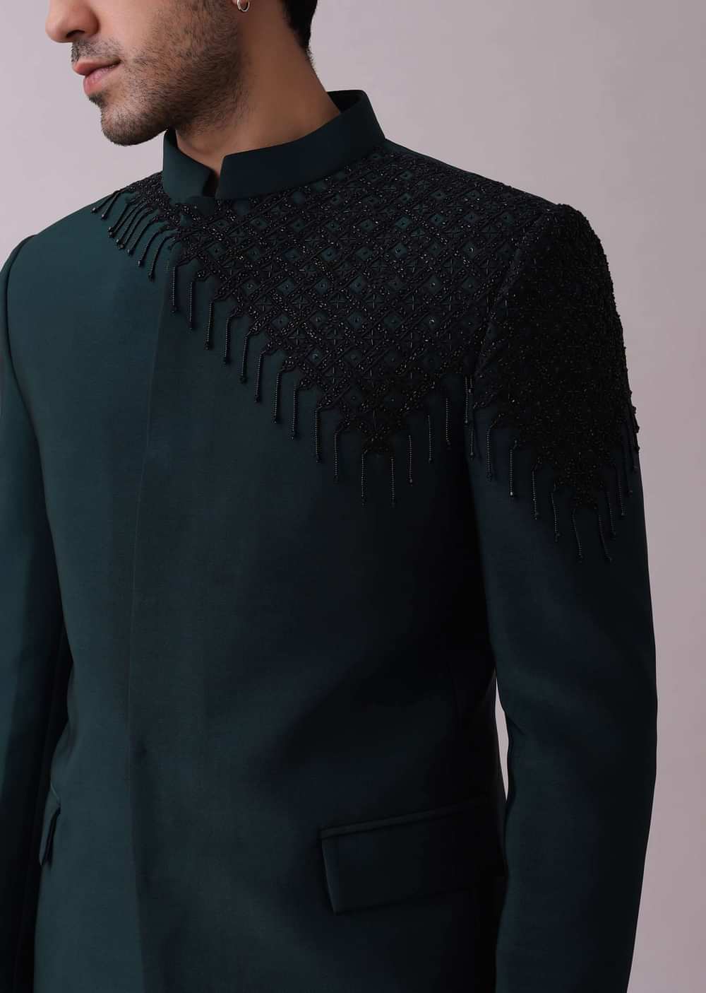 Navy Blue Achkan Kurta Set In Suiting With Cut Dana Embroidery