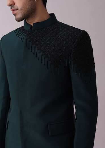 Navy Blue Achkan Kurta Set In Suiting With Cut Dana Embroidery