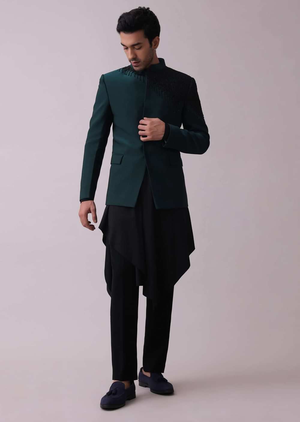 Navy Blue Achkan Kurta Set In Suiting With Cut Dana Embroidery