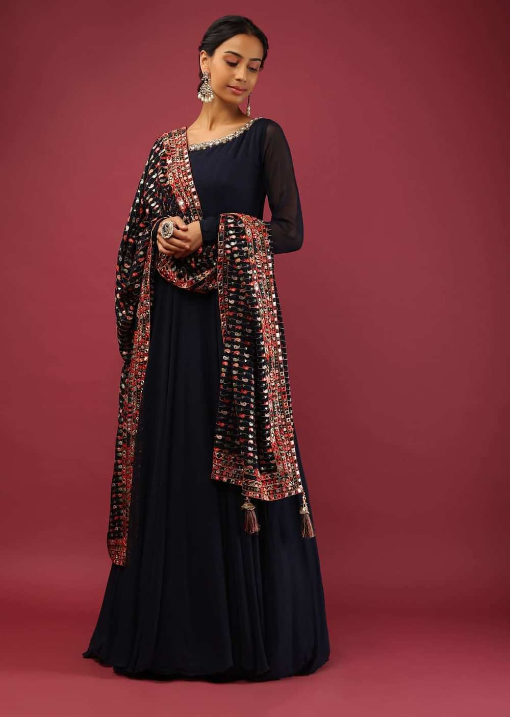 Navy Blue Anarkali Suit In Georgette With A Multi Colored Resham And Abla Embroidered Dupatta In Paisley Design