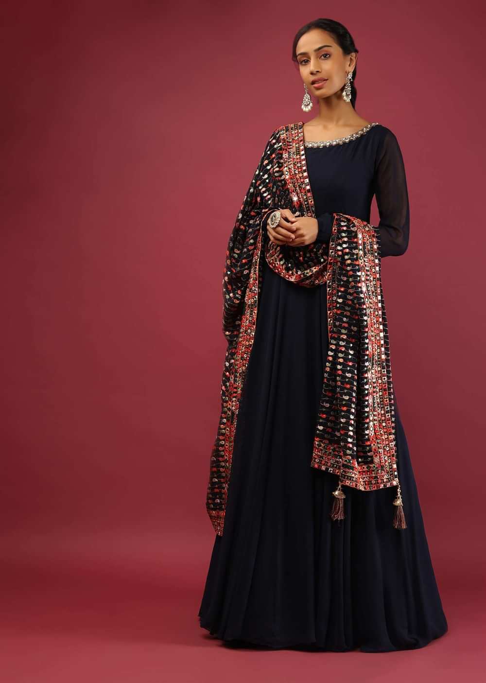Navy Blue Anarkali Suit In Georgette With A Multi Colored Resham And Abla Embroidered Dupatta In Paisley Design
