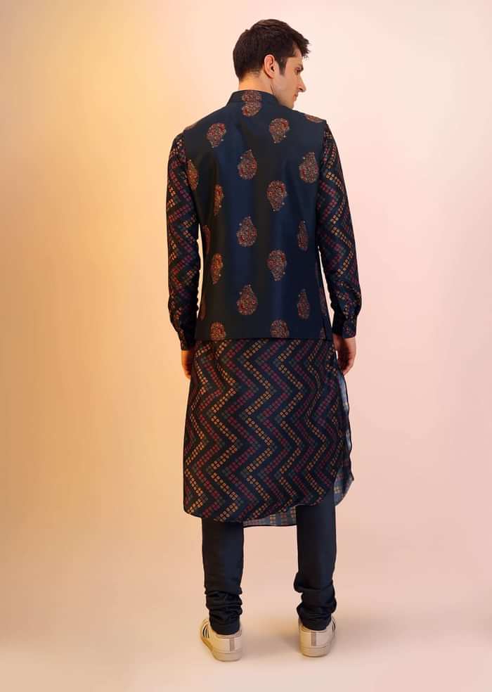 Navy Blue Bandi Jacket With Block Printed Floral Buttis, Off Centre Placket And Bandhani Printed Cowl Kurta Set