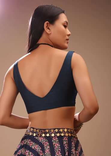Navy Blue Blouse In Tussar Silk With Plunging Neckline And Front Hook Closure