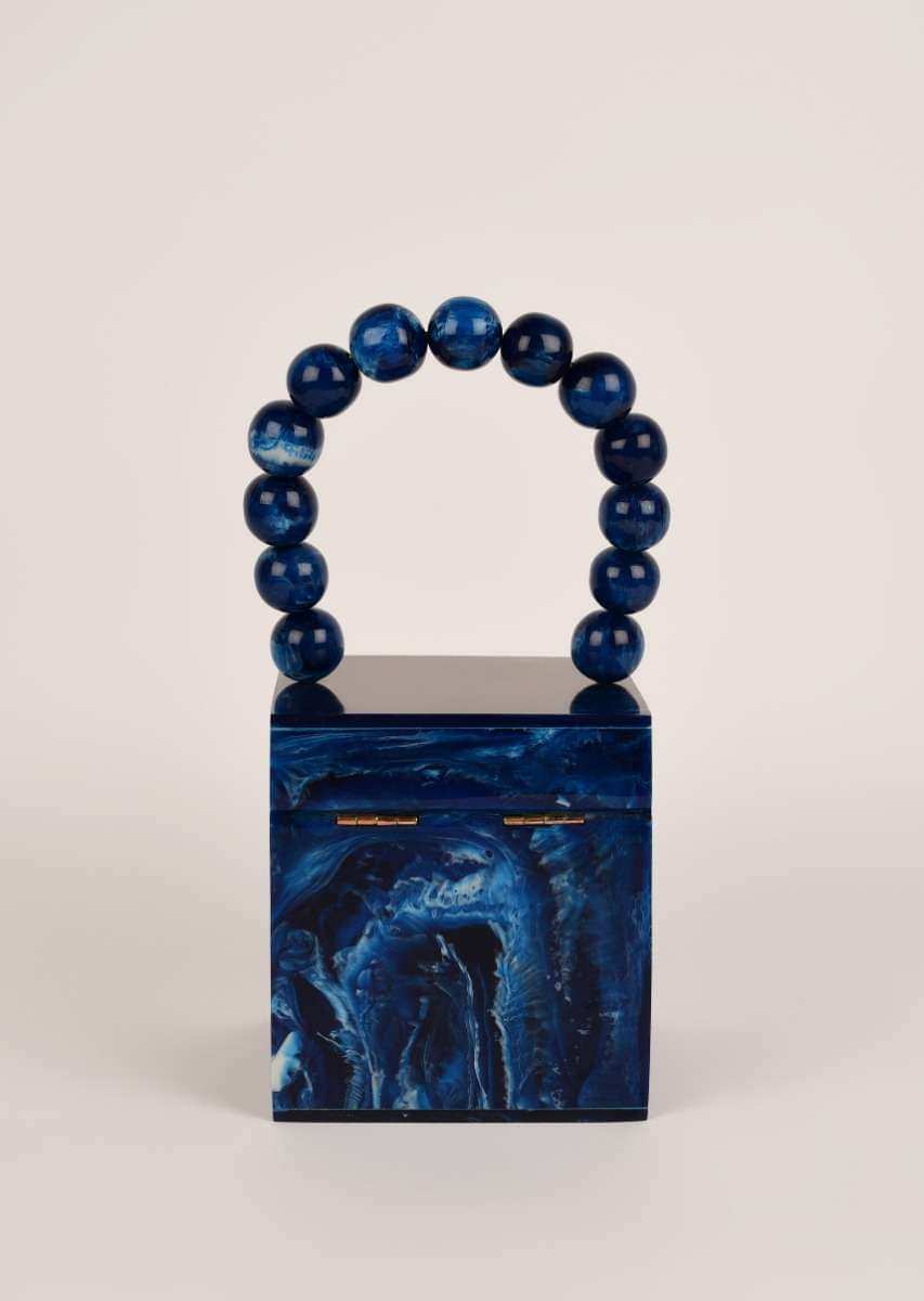 Navy Blue Box Clutch In Acrylic With Marble Design All Over Online - Kalki Fashion