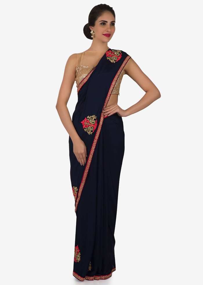 Navy Blue Saree In Chiffon With Unstitched Blouse Embellished In Resham And Zardosi Work Online - Kalki Fashion
