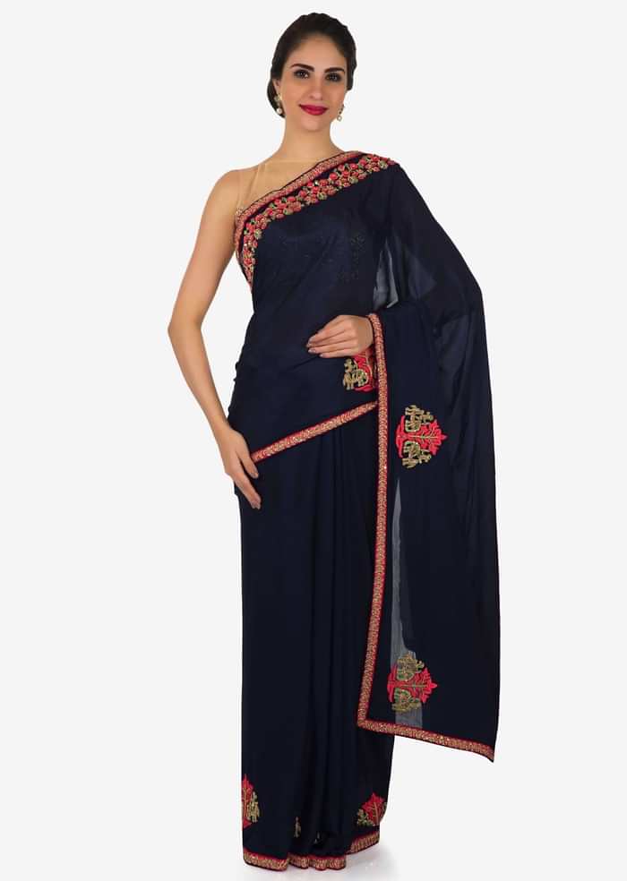 Navy Blue Saree In Chiffon With Unstitched Blouse Embellished In Resham And Zardosi Work Online - Kalki Fashion
