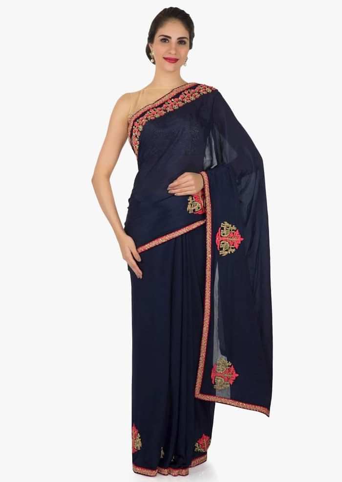 Navy Blue Saree In Chiffon With Unstitched Blouse Embellished In Resham And Zardosi Work Online - Kalki Fashion