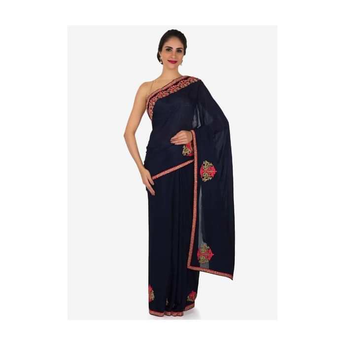 Navy Blue Saree In Chiffon With Unstitched Blouse Embellished In Resham And Zardosi Work Online - Kalki Fashion